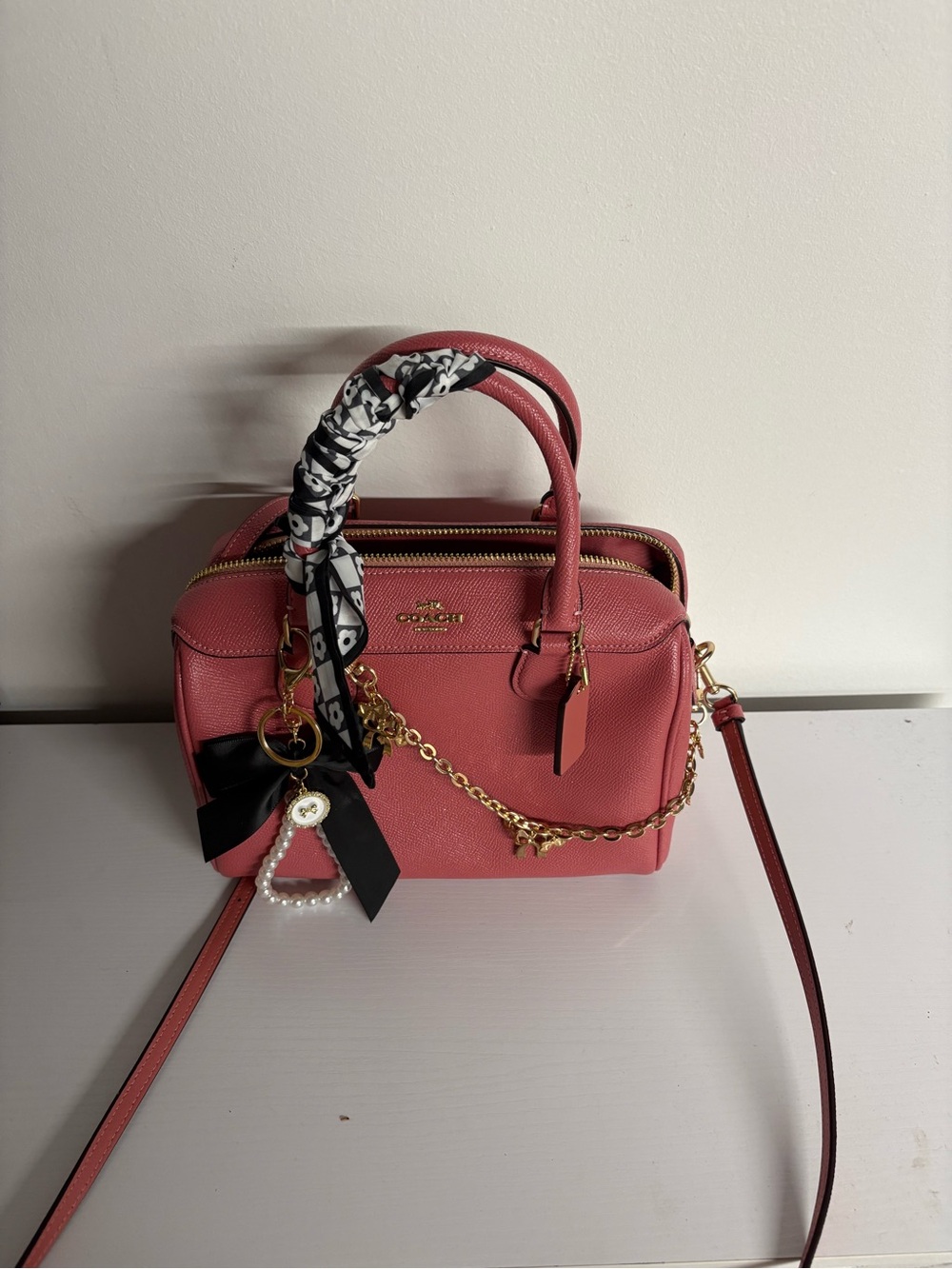 COACH Pink Pebbled Leather Crossbody Satchel with Gold Chain
